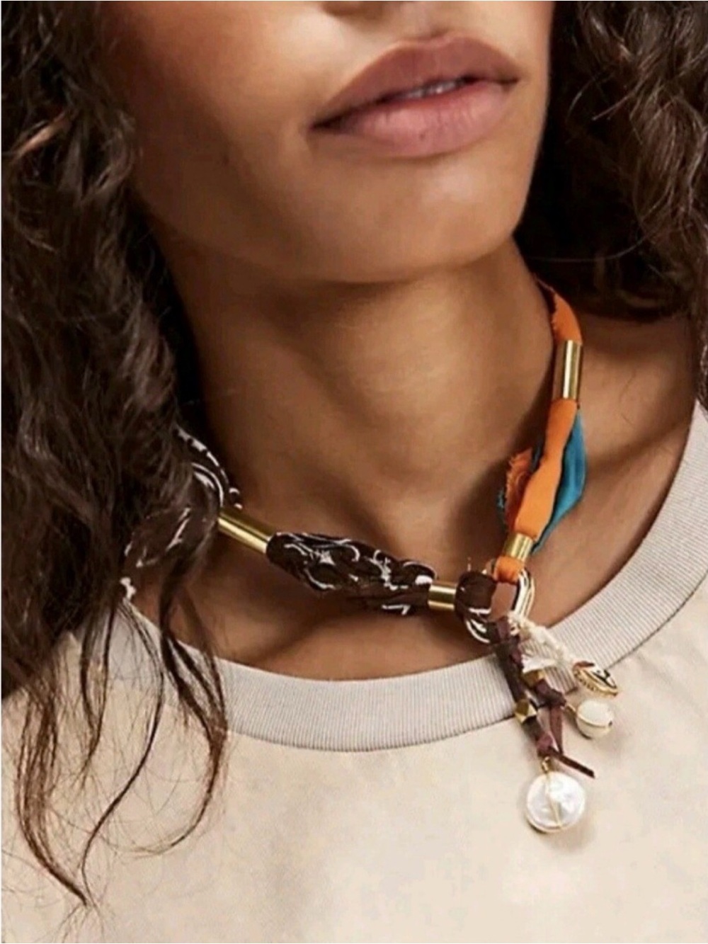 Free People Ariana Ost Alpha Choker Bandana Beading Shells Turquoise Orange NWT